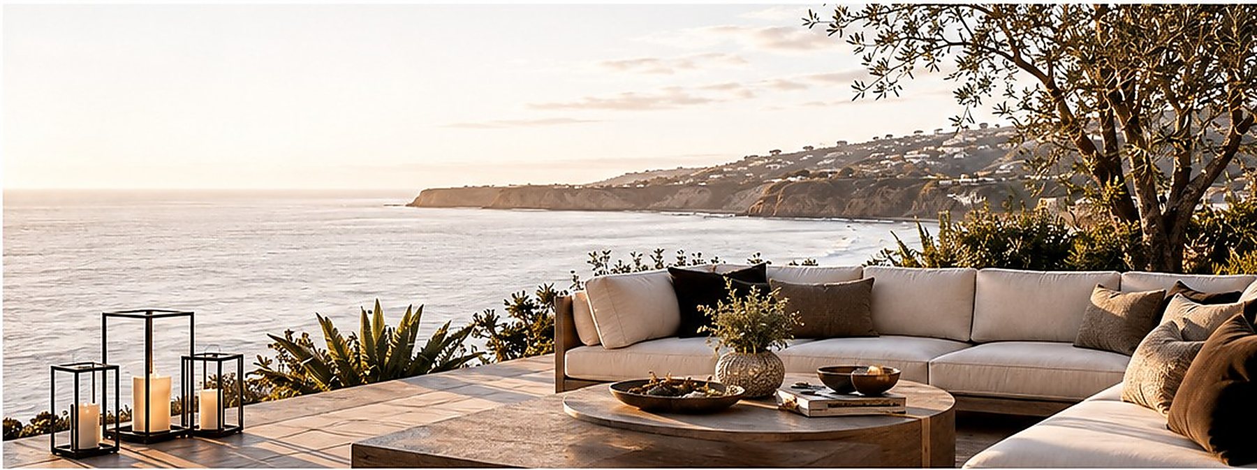 Luxury coastal hospitality setting at sunset